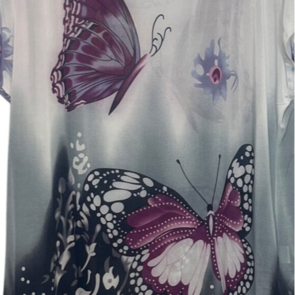Ace Fashion Butterfly Print Short Sleeve Shirt Top Womens Small Gray Pink New - Picture 6 of 9